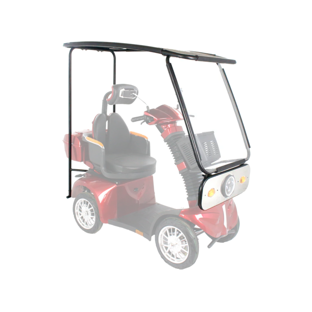 The GIO Tron PRO Mobility Scooter is shown in red with 4-wheel stability, a clear canopy, and black frame—highlighting its comfort and safety features. The XL swivel seat with headrest offers added support for riders.